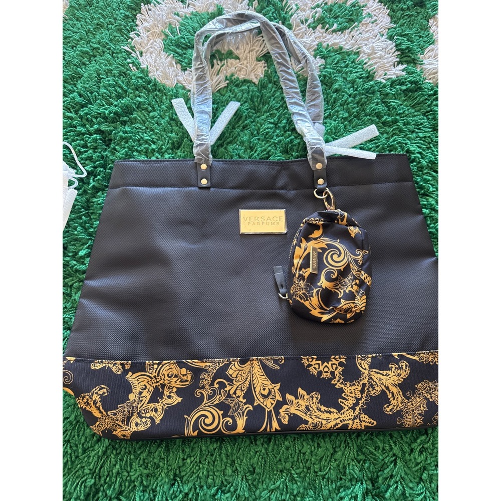 Versace Parfums Tote Bag Womens Large Black Gold New Baroque Print Pouch Dustbag